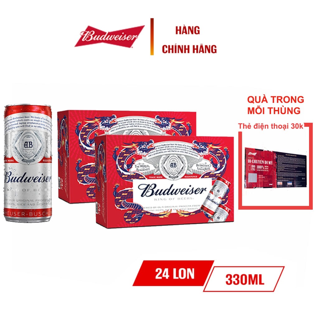 [CÓ QUÀ] ]Bia Budweiser Lon 330ml Thùng 24 - có thẻ cào điện thoại trị giá 30k trong thùng