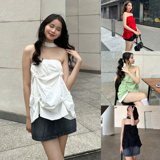 (NEW ARRIVAL) PRINCESS DEROSE - Áo Kiểu Linen Vắt Sóng Nữ Quai Áo Ở Cổ Trắng Đen CaRo