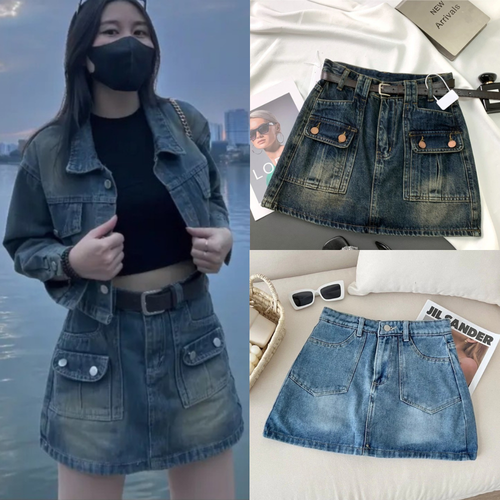 Chân váy bò jean chữ a nữ MIAA jeans cạp cao phong cách style, Quần váy chữ a Có Lót Quần Trong Vải Jeans cao cấp