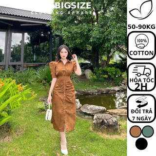 Dabigsize -  Váy Sơ Mi Nữ Bigsize Tay Phồng Phối Nút Dáng Dài 100% Cotton Lạnh Che Khuyết Điểm Cho Người Mập 50-90kg