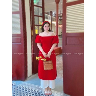  Ad08 Set Áo dài cách tân thiết kế trễ vai tay bồng đính nơ 