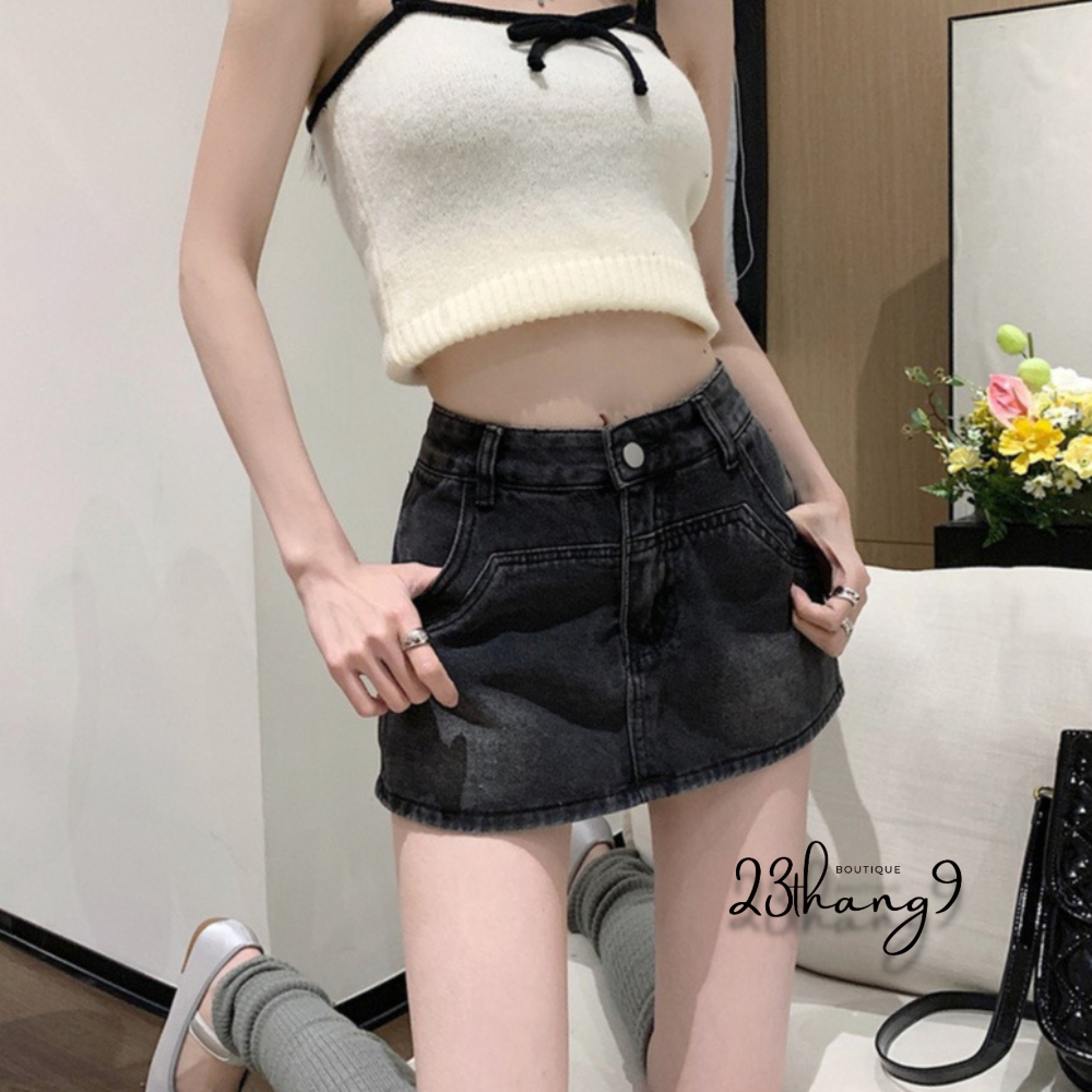 Chân váy jean , Quần giả váy lưng cao màu xanh dáng ngắn ôm túi tròn jeans QCCC mịn kèm quần trong ulzzang 90 | BigBuy360 - bigbuy360.vn