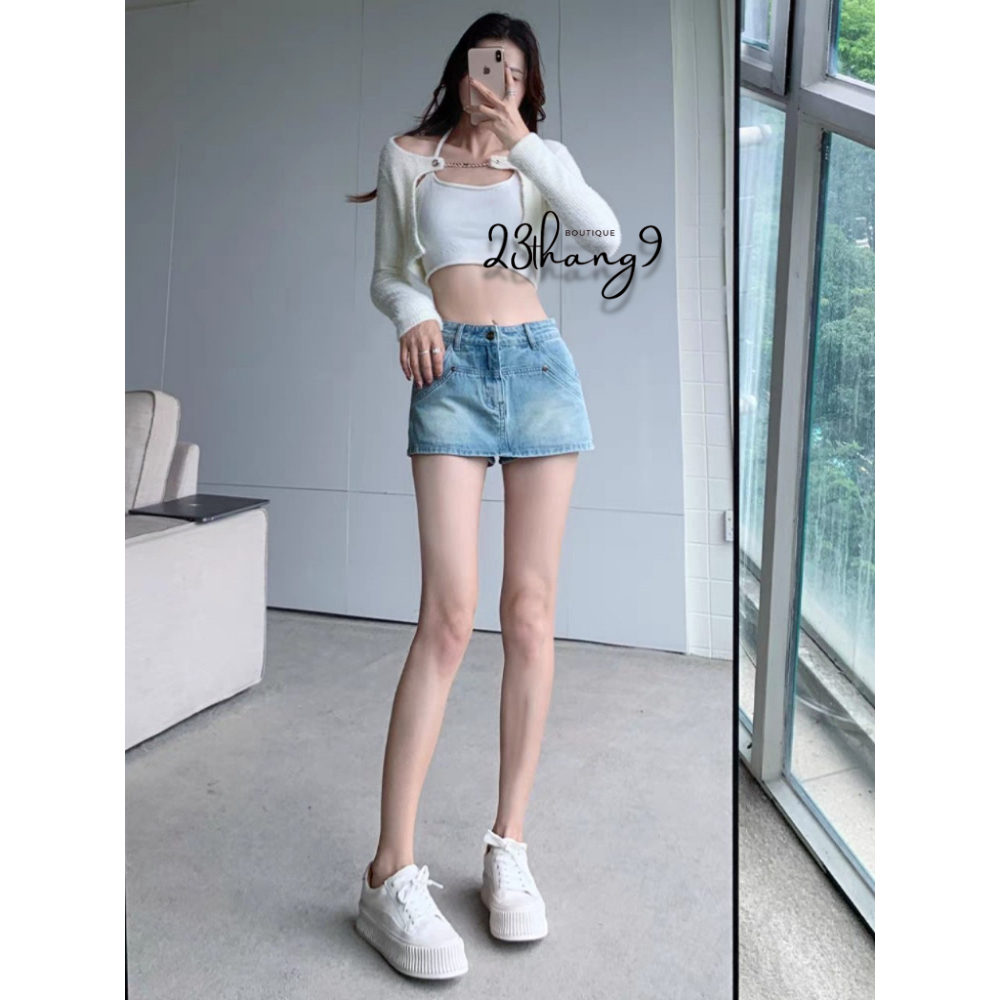 Chân váy jean , Quần giả váy lưng cao màu xanh dáng ngắn ôm túi tròn jeans QCCC mịn kèm quần trong ulzzang 90 | BigBuy360 - bigbuy360.vn