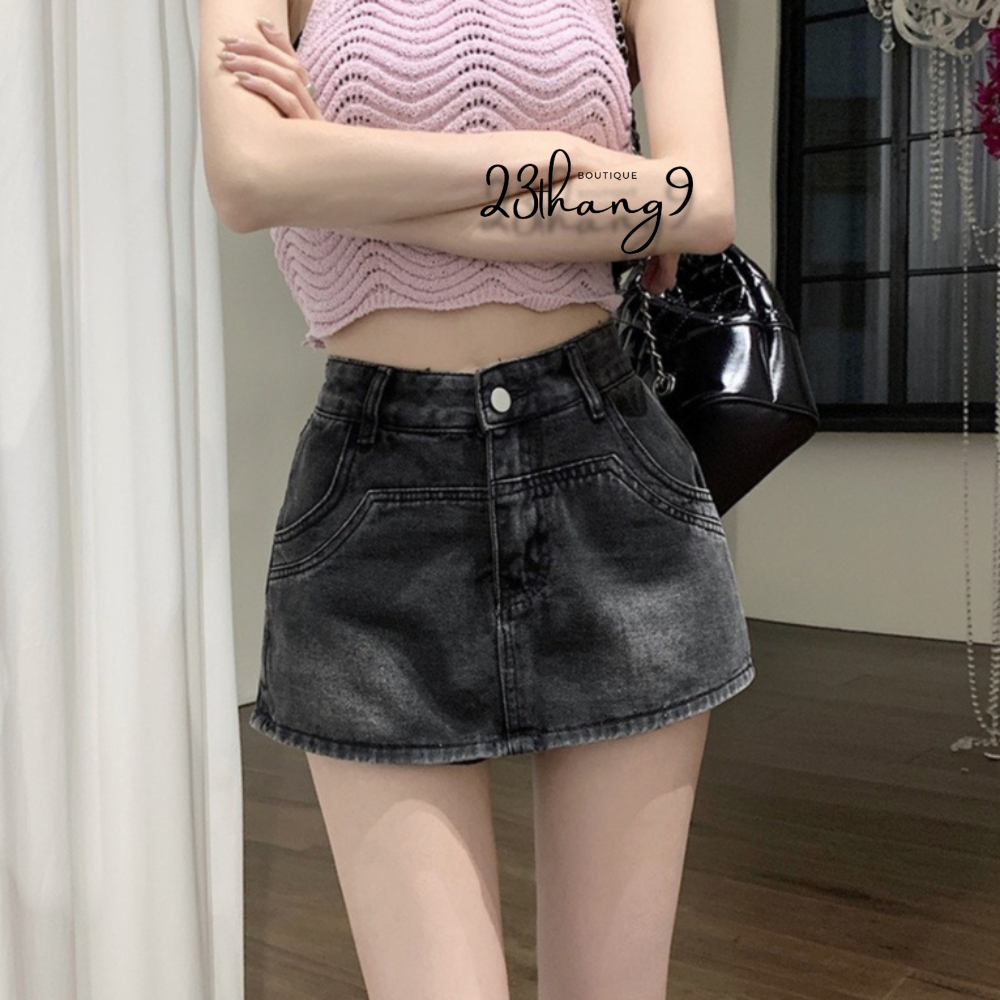 Chân váy jean , Quần giả váy lưng cao màu xanh dáng ngắn ôm túi tròn jeans QCCC mịn kèm quần trong ulzzang 90 | BigBuy360 - bigbuy360.vn