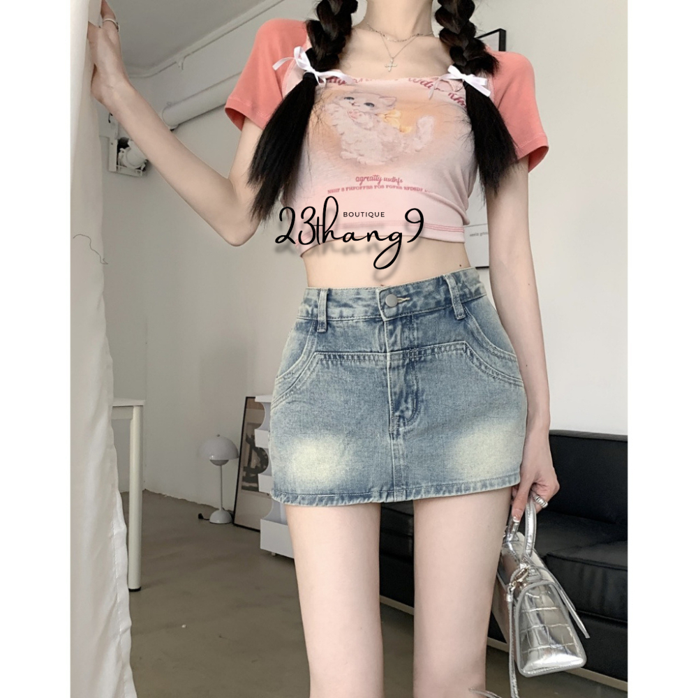 Chân váy jean , Quần giả váy lưng cao màu xanh dáng ngắn ôm túi tròn jeans QCCC mịn kèm quần trong ulzzang 90 | BigBuy360 - bigbuy360.vn