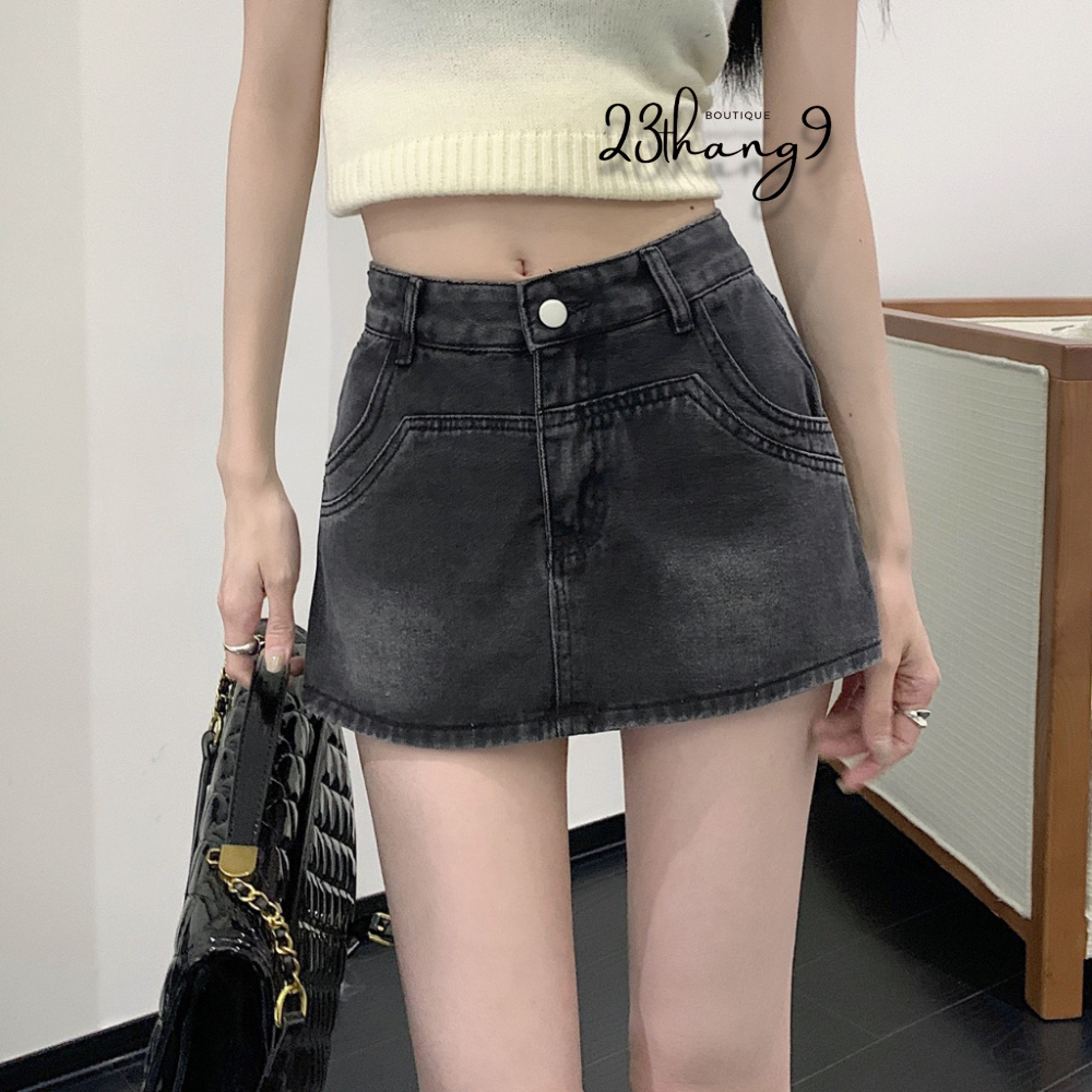 Chân váy jean , Quần giả váy lưng cao màu xanh dáng ngắn ôm túi tròn jeans QCCC mịn kèm quần trong ulzzang 90 | BigBuy360 - bigbuy360.vn
