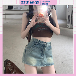 Chân váy jean , chân váy bò lưng cao màu xanh dáng ngắn ôm túi tròn jeans QCCC mịn kèm quần trong ulzzang 23thang9