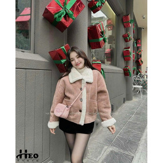 Áo khoác da lộn hồng lót lông hà thu hoàng