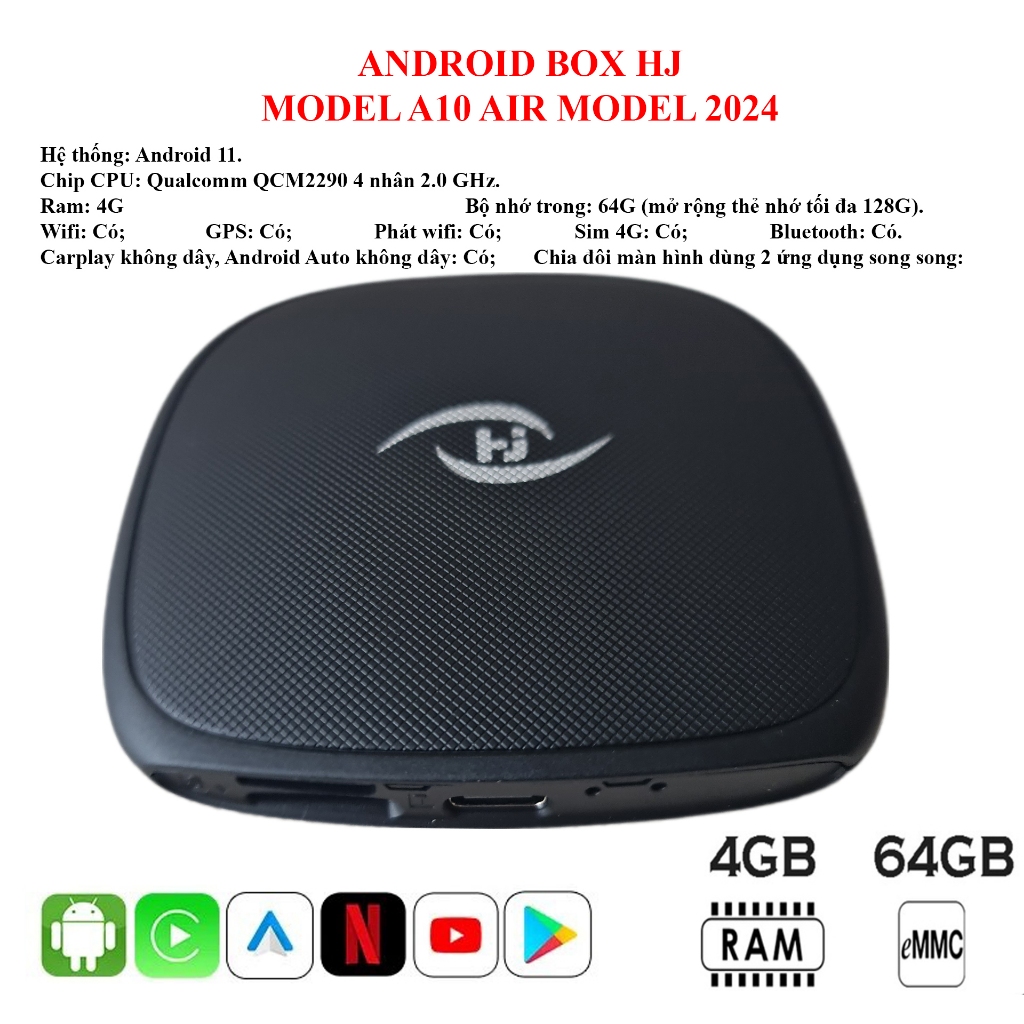 Carplay Android Box ô tô HJ A10 AIR 4G+64G tặng Vietmap S2