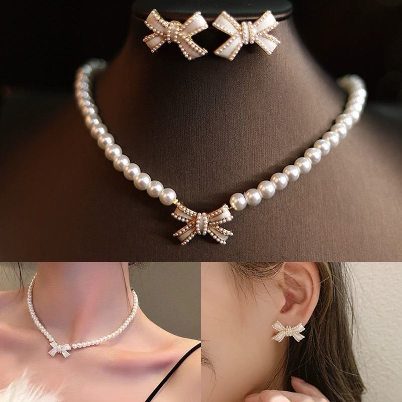 bộ dây chuyền bông tai hạt bẹt đính nơ màu trắng xinh xắn