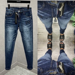 Quần jean bò nam Dsq xanh slimfit khoá lệch trơn dập nhăn xước thêu chữ D2 đùi dáng đơn giản QJ449P