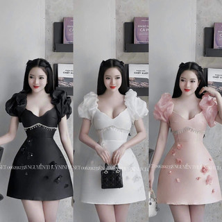 Hàng mới về Đầm thời trang nữ mặc đi chơi chất liệu Tapta cổ v tay phồng có mút ngực đính hoa váy chữ A sang chảnh