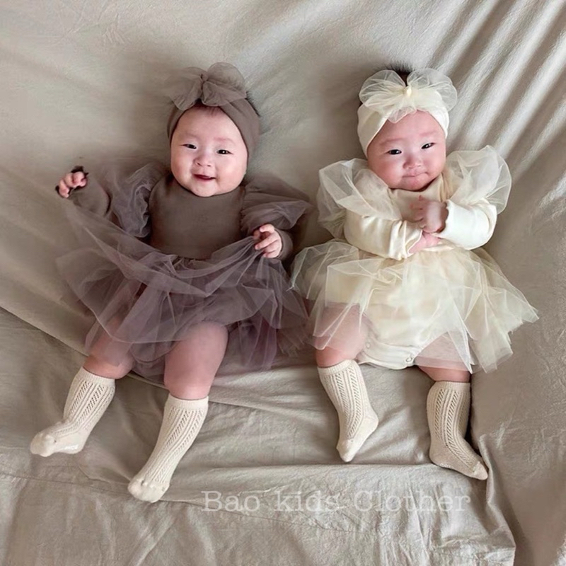 ( Tặng kèm turban) Set Đầm Lưới Tay Bồng Dành Cho Bé Gái Phong Cách Hàn Quốc xinh xắn dễ thương