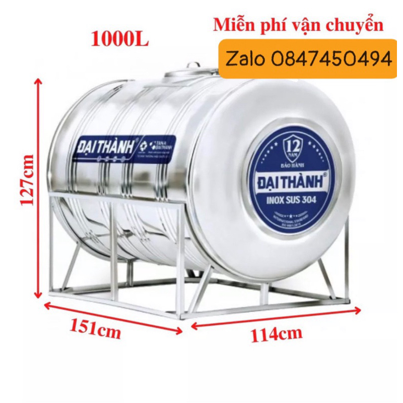 Bồn đại thành 1000 lít nằm inox 304 giao hàng miễn phí Toàn Quốc