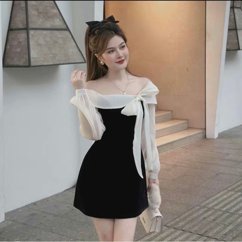 Váy nhung trễ vai buộc nơ phối tay bồng tiểu thư - dilyshop