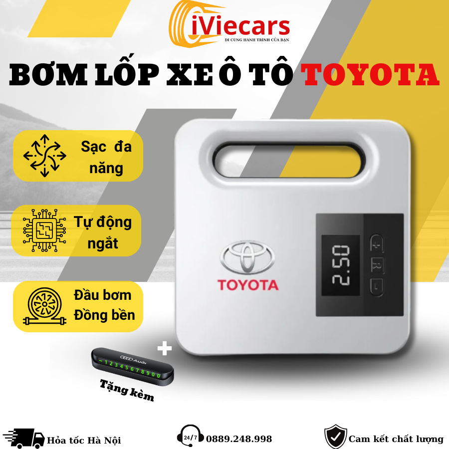 Bơm lốp xe ô tô Toyota (Trắng) Tự Ngắt Cao Cấp - Hàng sản xuất ủy quyền chính hãng - Bảo Hành 12 Tháng Đổi Mới