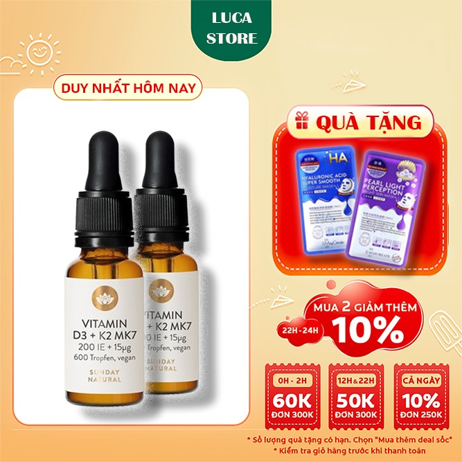 Vitamin D3 K2 Mk7 Đức chính hãng Sunday Natural 20ml giúp tăng hấp thụ