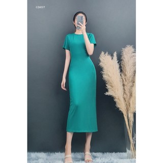 C2657 - 	đầm thun gân cổ tròn, tay ngắn