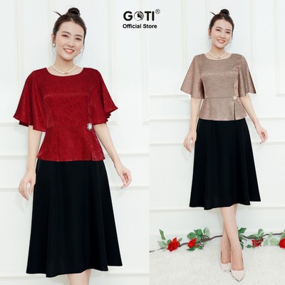 GOTI Thời Trang Trung Niên Đầm Xoè Dự Tiệc Thiết Kế Tặng Mẹ Đính Phụ Kiện Eo Bigsize 46-73kg 3400