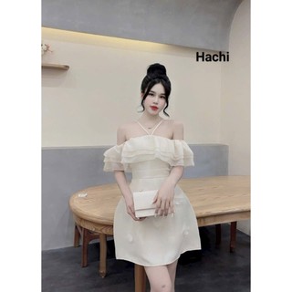 Đầm Ngắn Thiết Kế Nữ Chất Tapta Trễ Vai Voan Tơ Dây Chéo Cổ Phối Hoa Tạo Kiểu From Váy Xòe Xinh Xắn Nữ Tính