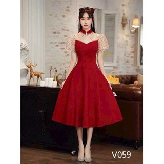 Đầm Umi Thiết Kế Nữ Mặc Chúc TẾT , LÌ XÌ Tay Ngắn Cổ Tàu Phối Voan Chấm Bi Kèm Mút QC Xinh Xắn