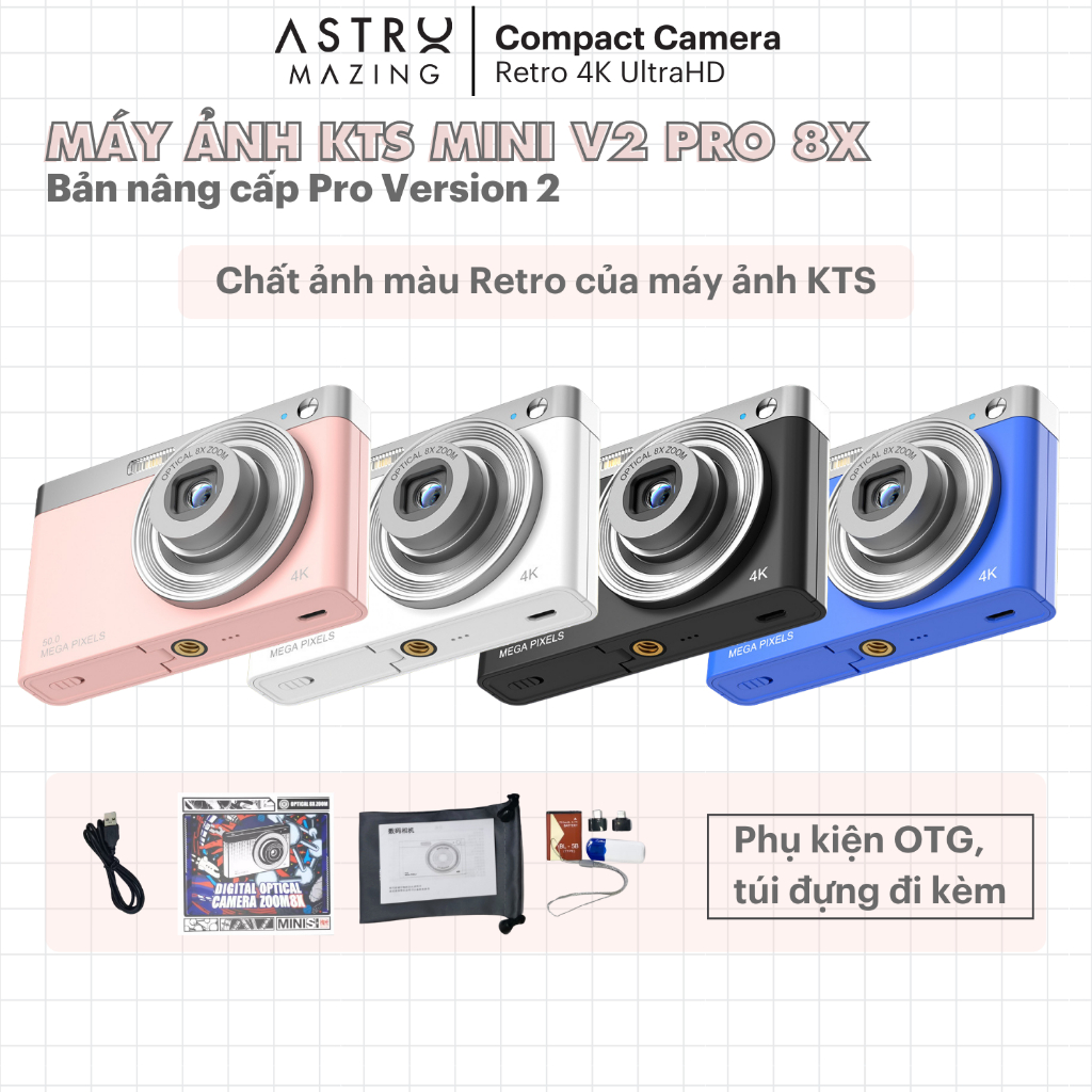 [Retro V2 Pro] Máy ảnh CCD kĩ thuật số Digital Mini Camera V2 Pro by AstroMazing - Quay, chụp 50MP, siêu mỏng nhỏ gọn