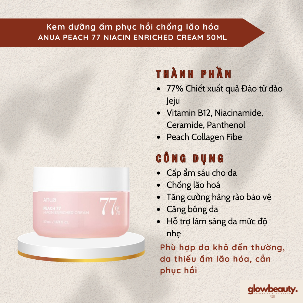 Kem dưỡng ẩm 50ml phục hồi chống lão hóa Anua Peach 77 Niacin Enriched Cream [Glow Beauty] [Hàng có 