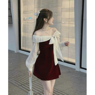 Đầm thời trang nữ dự tiệc sang trọng chất nhung trễ vai ogối nơ ngực tay dài dáng váy chữ A dài midi trẻ trung