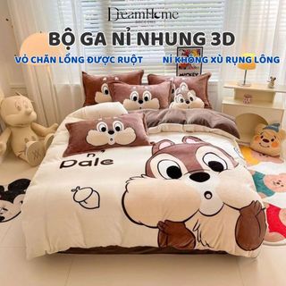 Bộ chăn ga gối nỉ nhung 3d, ga nỉ nhung trơn màu bo chun đủ size nệm, vỏ chăn có khóa kéo lồng được ruột chăn
