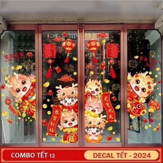 COMBO Decal tết mã 12 dán cửa kính dán kính hít tĩnh điện nhìn được 2 mặt