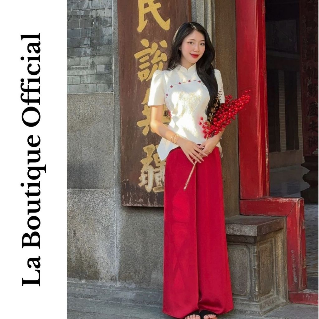 Set Áo gấm cổ tàu tay ngắn và quần lụa tô châu cao cấp LA BOUTIQUE tôn dáng diện Tết 2024