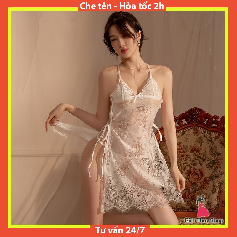 Váy ngủ sexy xuyên thấu ren cả đầm hở lưng vạt xẻ tà quyến rũ BT048 | BigBuy360 - bigbuy360.vn