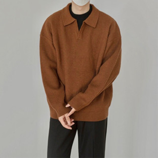 <<Có sẵn>> 025 Áo len cổ V kiểu polo màu nâu sẫm đen phong cách Hàn quốc dành cho nam cá tính năng động mùa thu đông