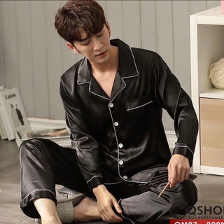 Bộ mặc nhà nam lụa đen thoải mái thoáng mát tay dài quần dài - Đồ ngủ nam siêu đẹp