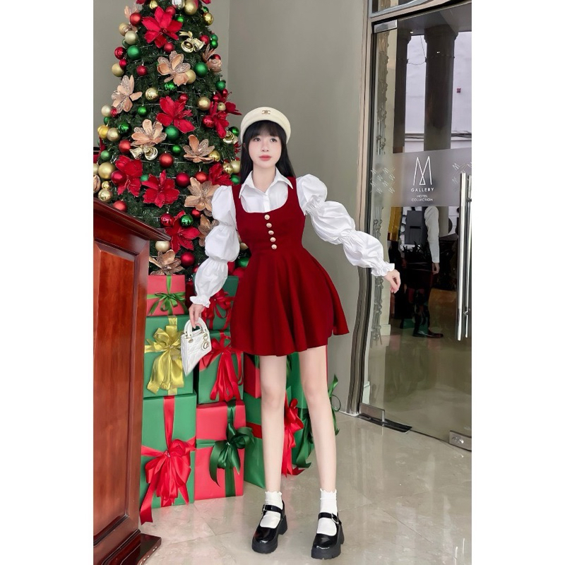 Set váy yếm nhung+áo sơ mi - Set váy nhung xoè chiết eo babydoll kèm áo sơ mi trắng bèo ulzzang tiểu thư Hàn Quốc