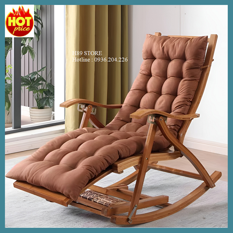 Ghế bập bênh thư giãn gỗ tre - Ghế lười có tựa lưng, gác chân, tay vịn, bàn massage chân - Kèm Đệm