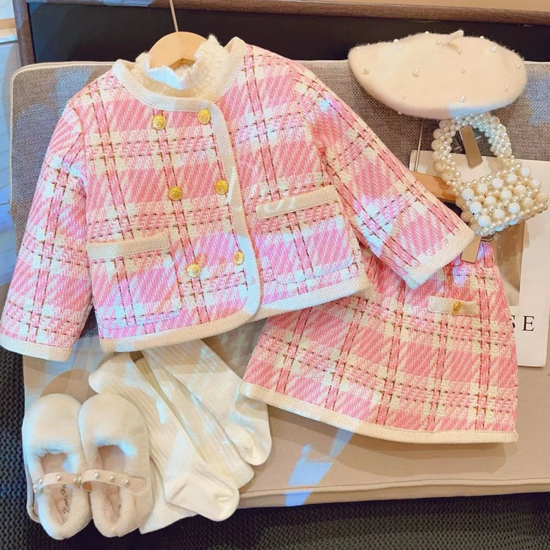 Set váy áo dạ hồng dày đẹp QCCC phong cách Hàn Quốc thời trang mùa đông cho bé gái