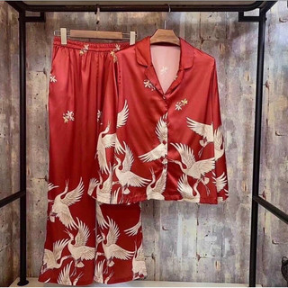 Pijama lụa mango chim hạc đen đỏ tay dài quần dài - Bộ lụa mặc nhà chất mát
