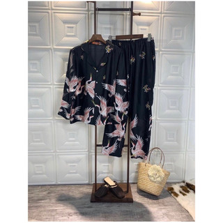 Pijama lụa mango chim hạc đen đỏ tay dài quần dài - Bộ lụa mặc nhà chất mát