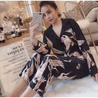 Pijama lụa mango chim hạc đen đỏ tay dài quần dài - Bộ lụa mặc nhà chất mát