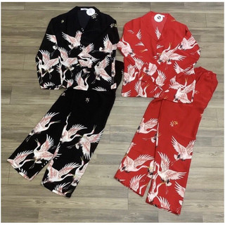 Pijama lụa mango chim hạc đen đỏ tay dài quần dài - Bộ lụa mặc nhà chất mát