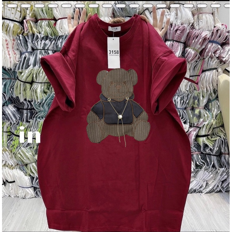Áo phông cotton khô 3158 - thêu gấu nâu kèm nơ (40-70kg)