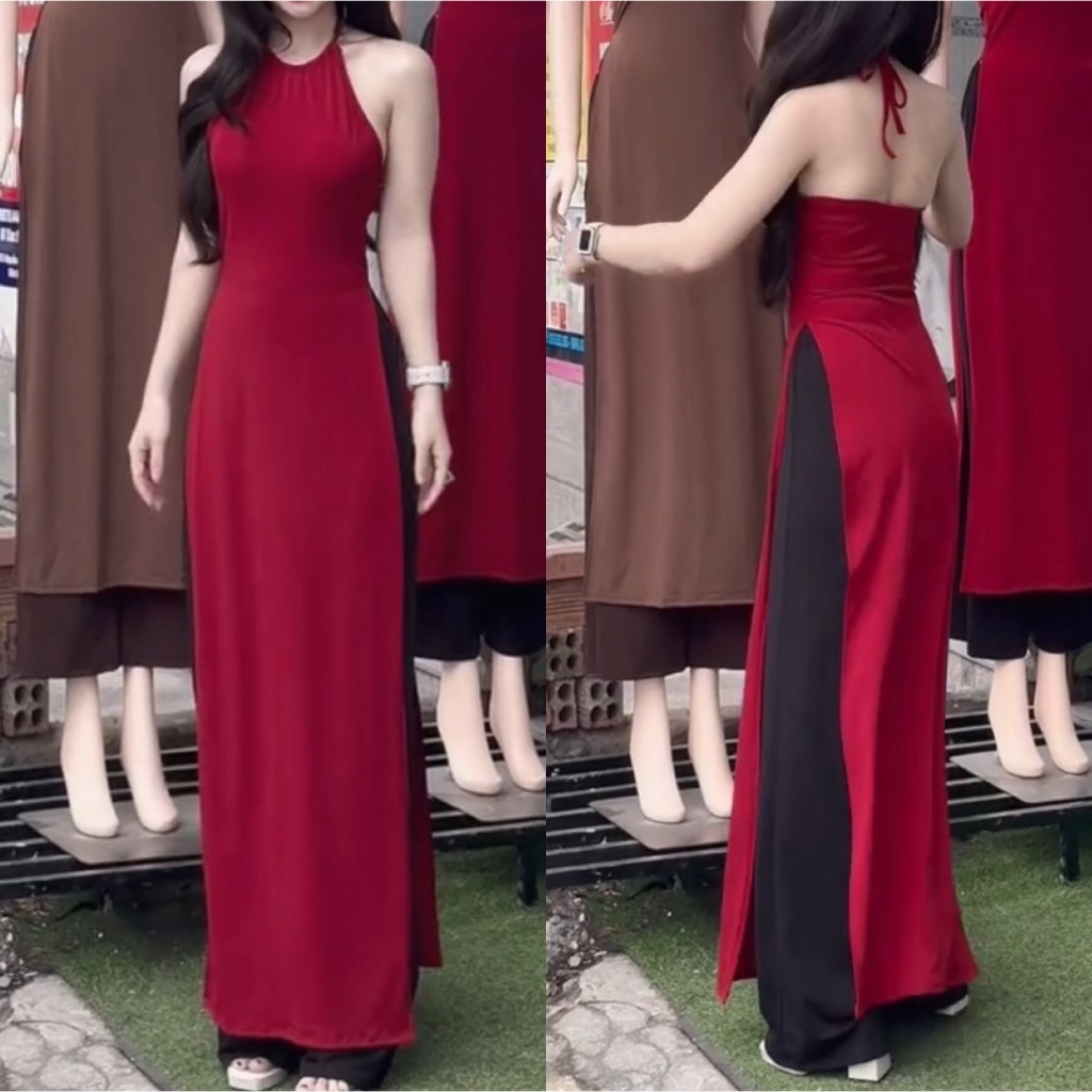 Set áo dài cách tân nữ, áo dài cổ yếm hở lưng kèm quần suông siêu đẹp - thun larong