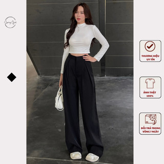 ( Ảnh shop chụp ) Quần tây nữ ống rộng ly lệch cạp cao tôn dáng chất GOLD cao cấp SPRING Quanongrong382/P13K12