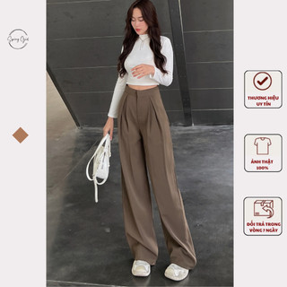 ( Ảnh shop chụp ) Quần tây nữ ống suông rộng ly lệch cạp cao tôn dáng chất GOLD cao cấp SPRING Quanongrong382/P13K12