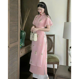  Set bộ áo dài thời trang nữ chất voan ánh kim 2 lớp cổ cao thắt nơ thêu tay ngắn xẻ lai quần lụa lưng thun ống rông maxi 