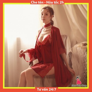 Áo choàng ngủ kimono lụa phối ren sexy gợi cảm màu đỏ bt05c