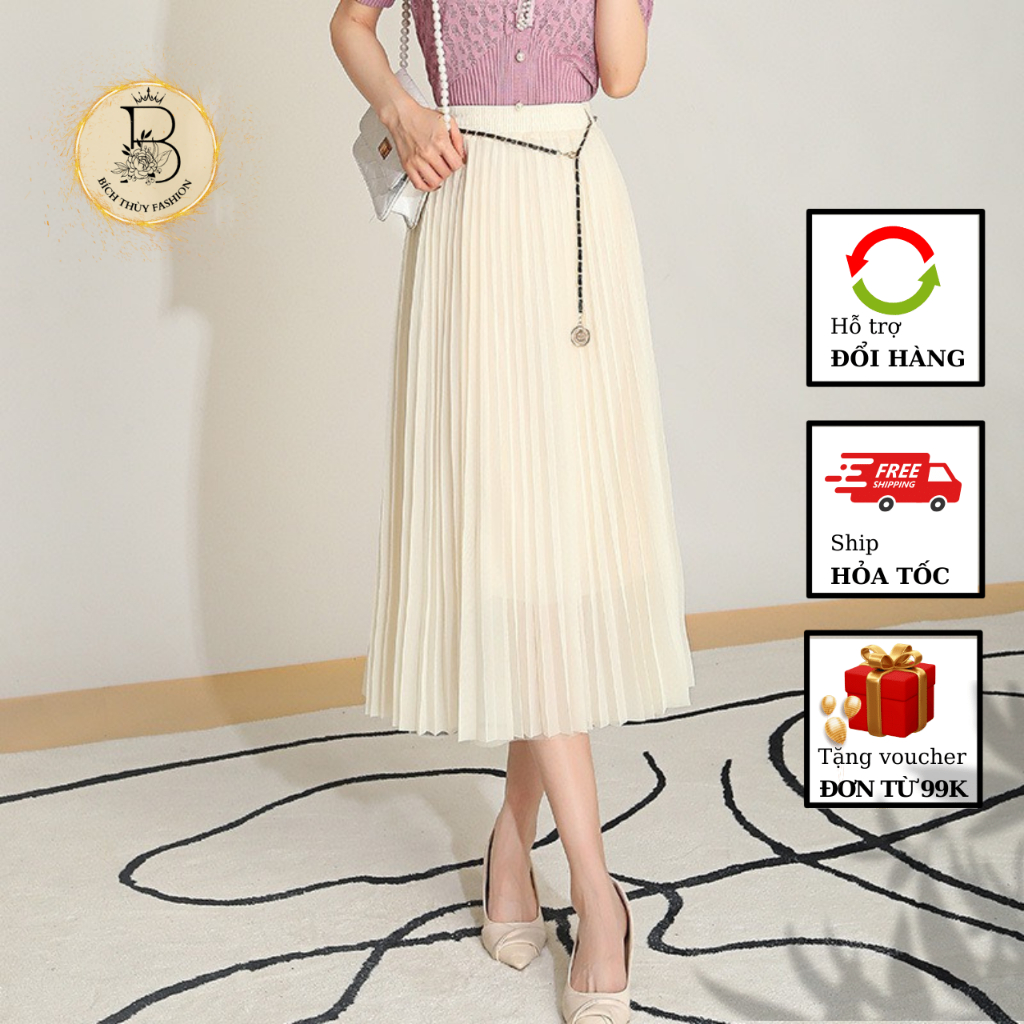 Chân váy chữ A xếp ly lưng cao xuân hè 2024 dành cho nữ vải lụa mát-CV32