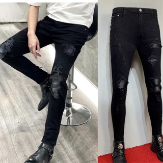 Quần jean nam boy phố đen rách vá da lượn sóng form skinny ống ôm mẫu mới cao cấp-AHFASHION