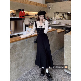 [ẢNH THẬT Ở CUỐI] Đầm len dáng dài giả hai mảnh phong cách tiểu thư Pháp